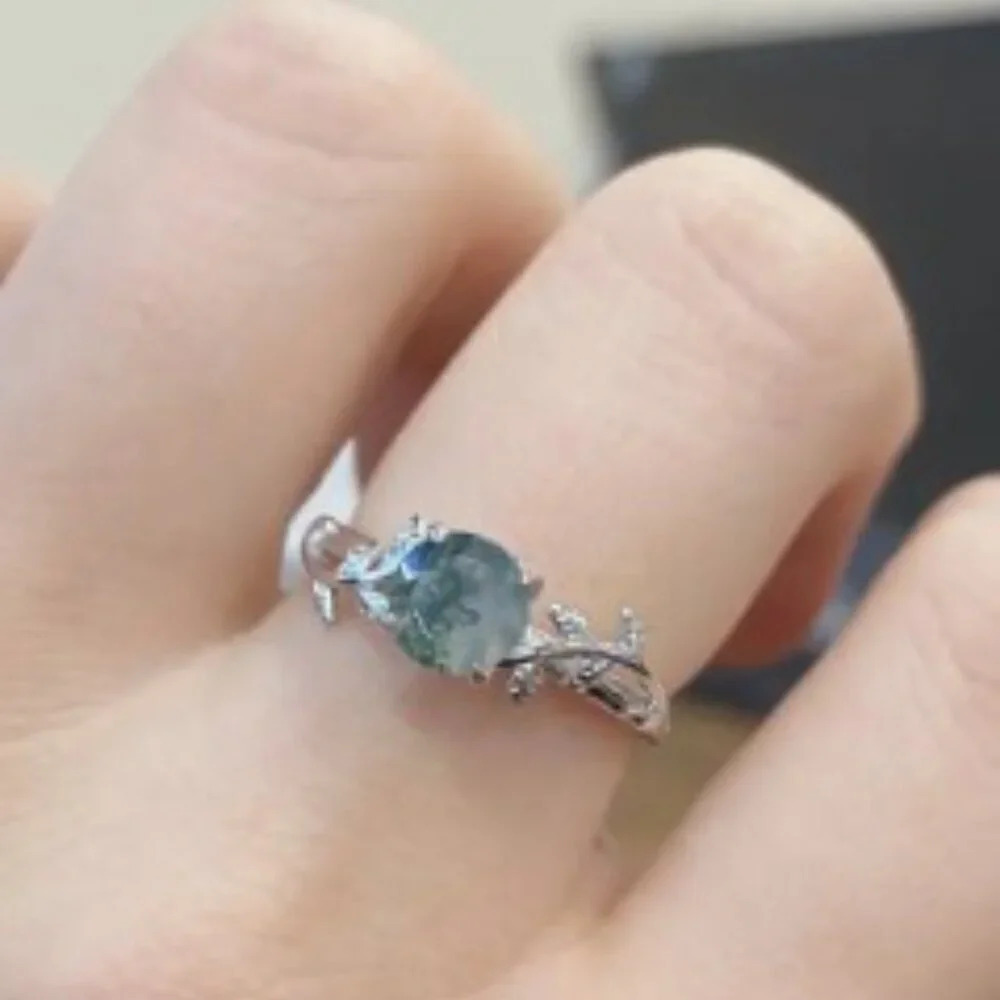 Round Water Grass Agate Ring - 925 Sterling Silver, Hypoallergenic Women size 8 - Picture 3 of 6
